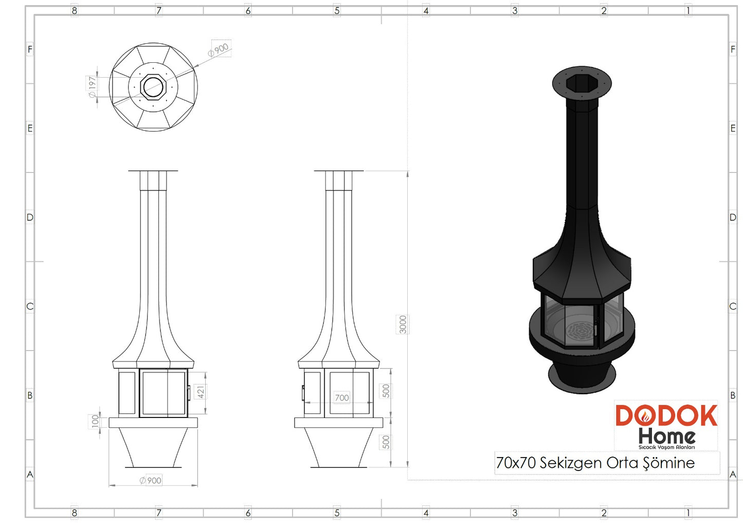 Sekizgen Model Orta Şömine 70X70