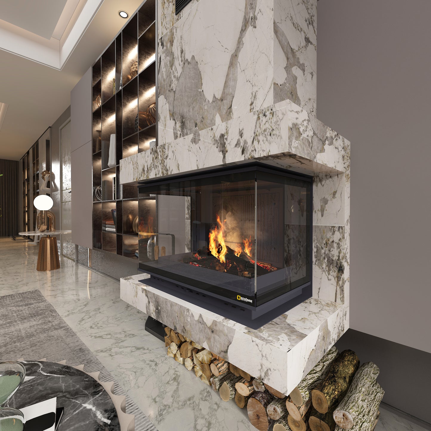 Black Glass Flap Cast Fireplace Chamber with Glass on Three Sides 70 cm