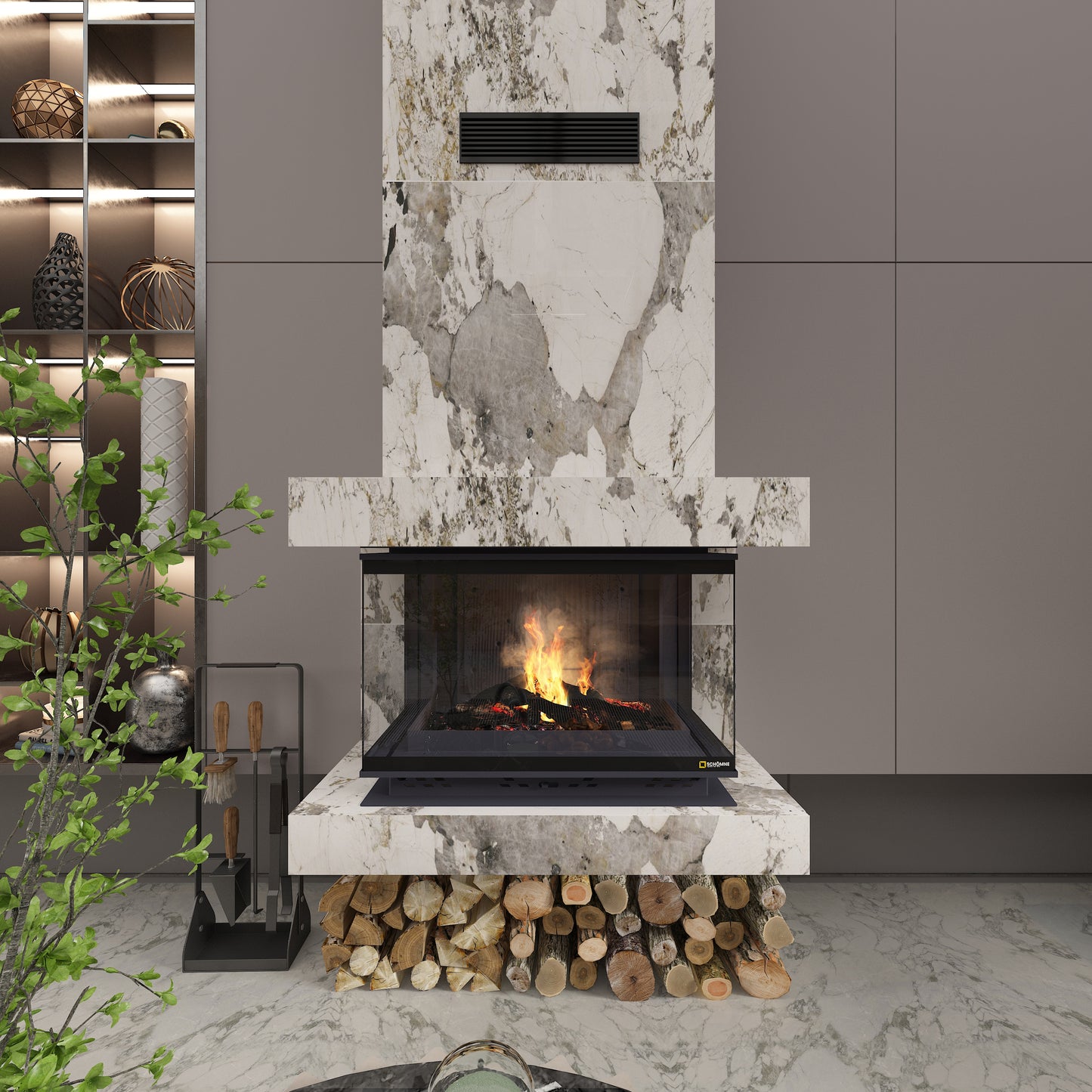 Black Glass Flap Cast Fireplace Chamber with Glass on Three Sides 70 cm