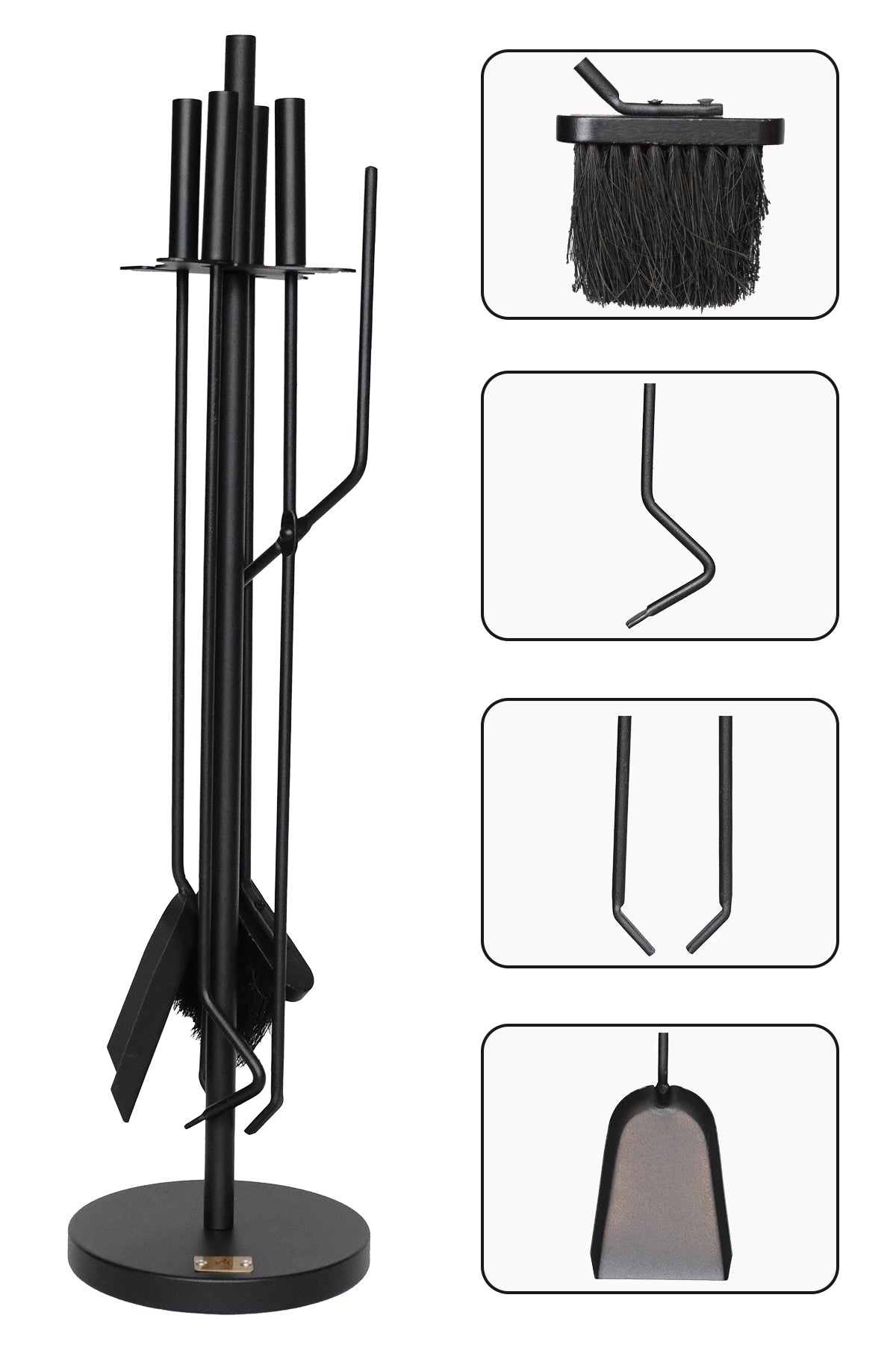 Dodok Home 5 Li Lüx Ithal Siyah Yuvarlak Tabanlı Şömine-Soba Maşa Takımı Aksesuar DH-SS045
