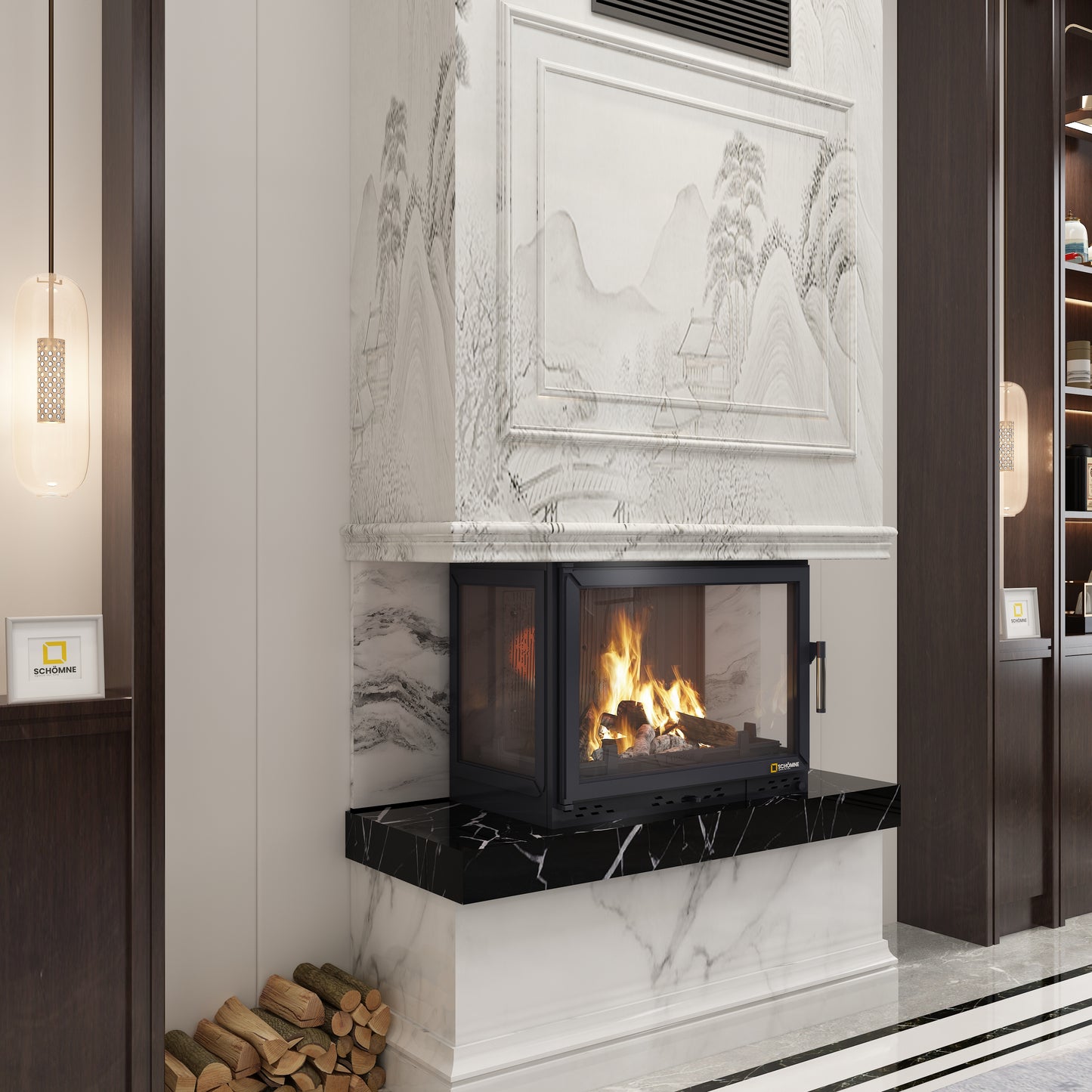 Cast Iron Fireplace Chamber with Flap and Glass on Three Sides 80 cm