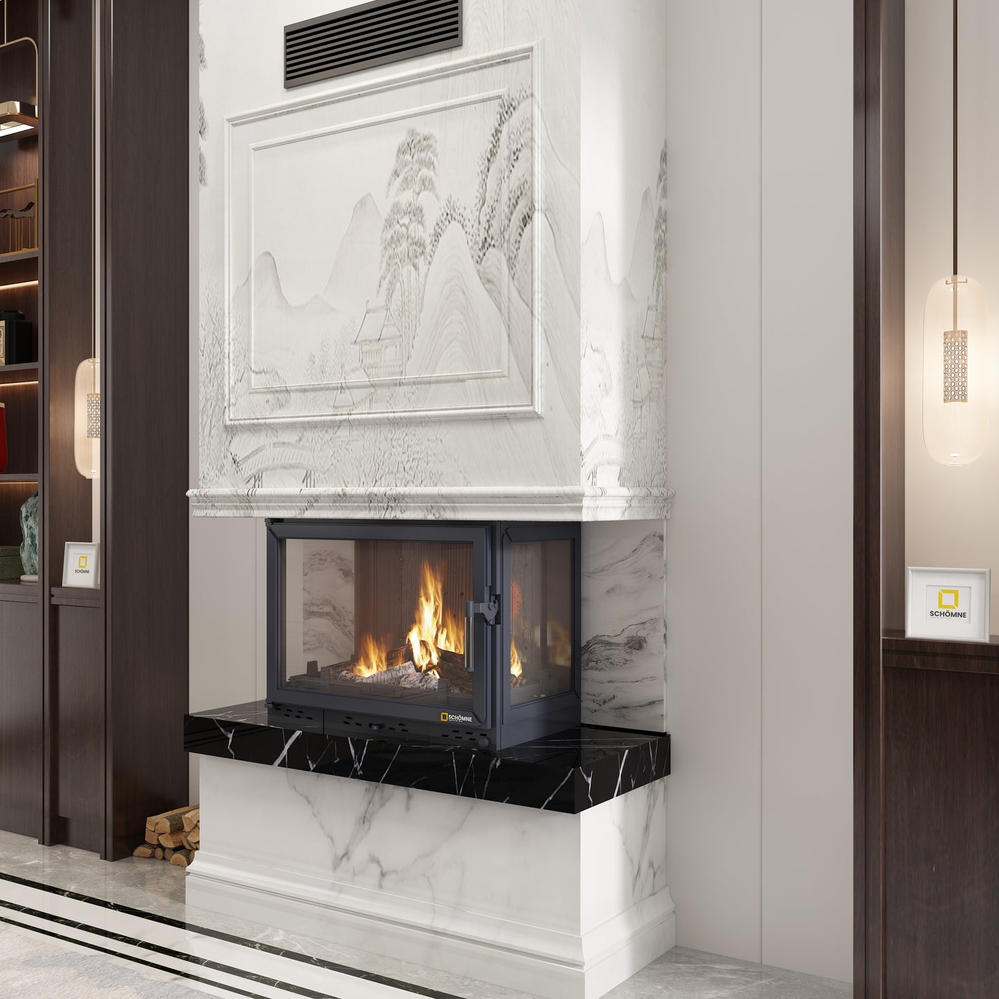 Cast Iron Fireplace Chamber with Flap and Glass on Three Sides 80 cm