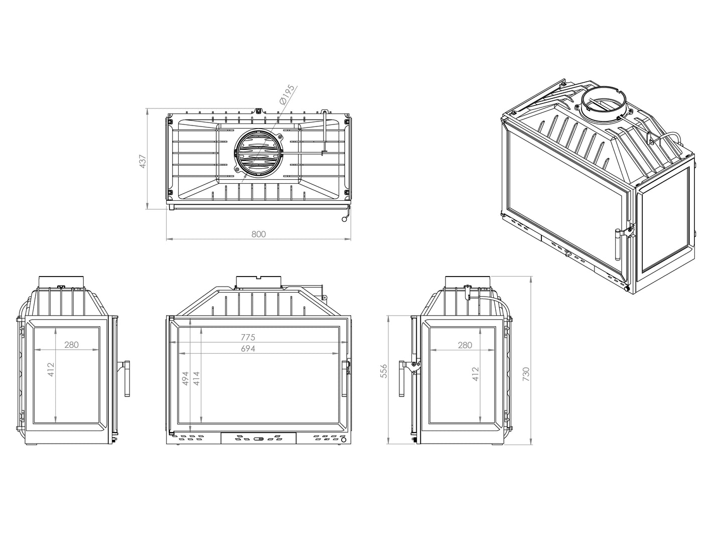 Cast Iron Fireplace Chamber with Flap and Glass on Three Sides 80 cm