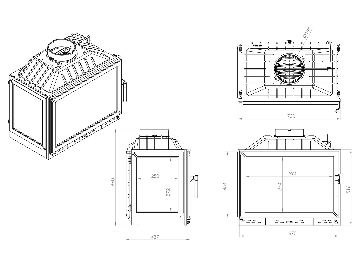 Cast Fireplace Chamber with Flap and Left Glass 70 cm