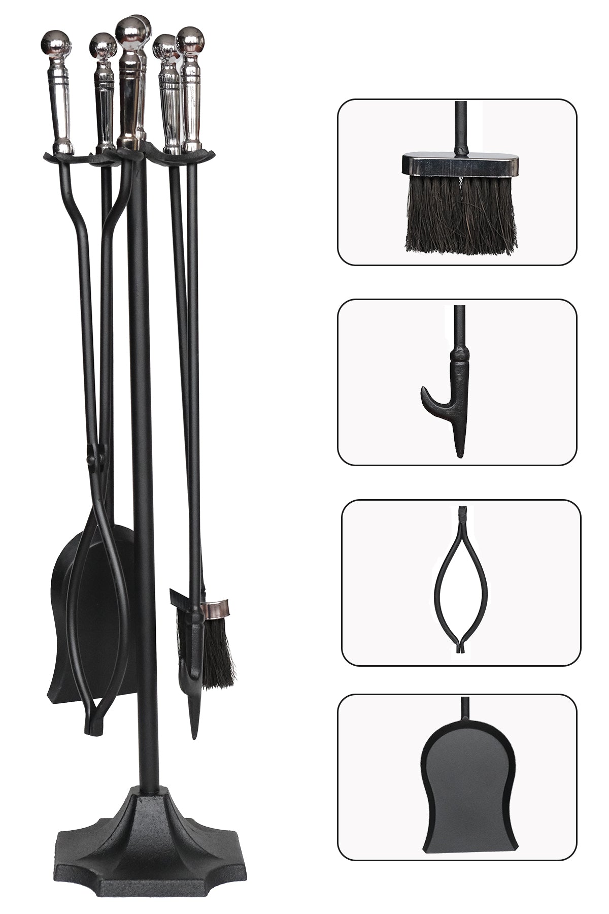 Dodok Home 5’li Lüks Gümüş Topuz Başlıklı Şömine & Soba Maşa Takımı DH-005GS