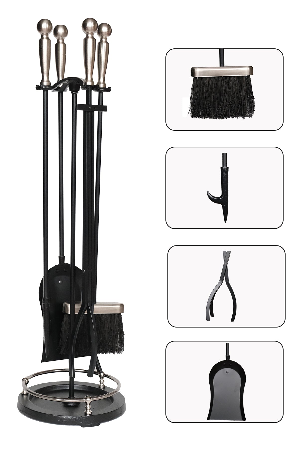 Dodok Home 5 Li Premium İthal Döküm Gümüş Başlıklı Yuvarlak Şömine-Soba Maşa Takımı DH-SGY015
