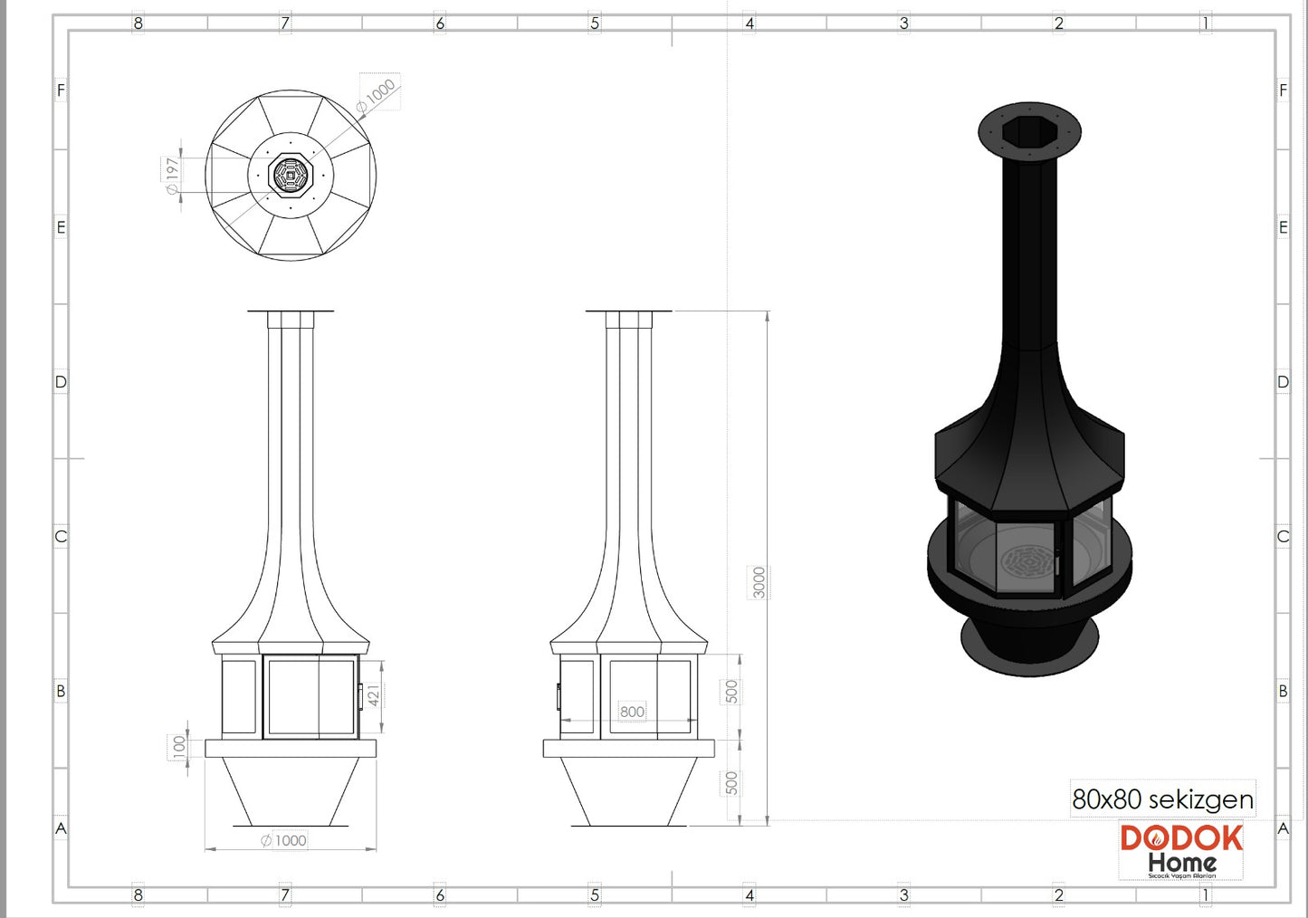 Sekizgen Model Orta Şömine 80X80