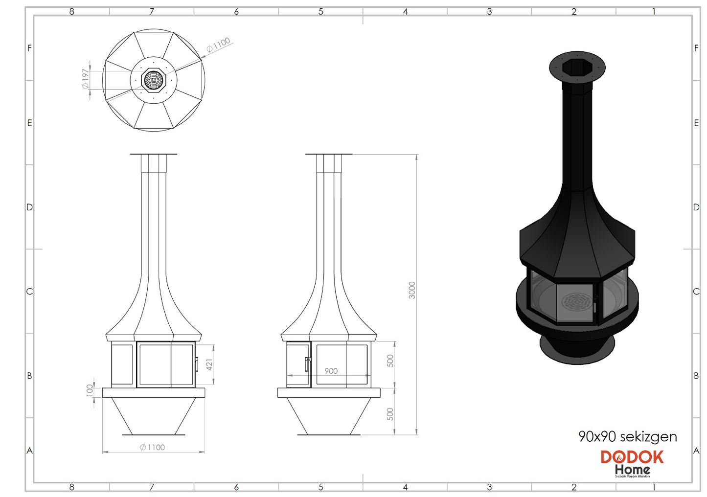 Sekizgen Model Orta Şömine 90X90