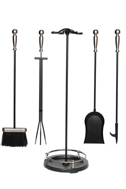 Dodok Home 5 Li Premium İthal Döküm Gümüş Başlıklı Yuvarlak Şömine-Soba Maşa Takımı DH-SGY015