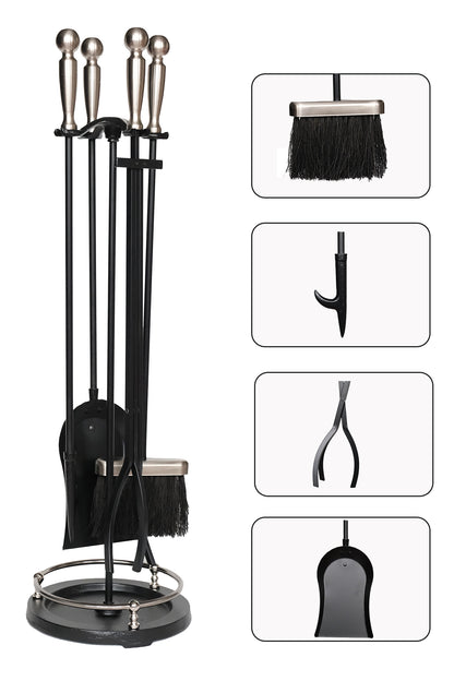 Dodok Home 5 Li Premium İthal Döküm Gümüş Başlıklı Yuvarlak Şömine-Soba Maşa Takımı DH-SGY015