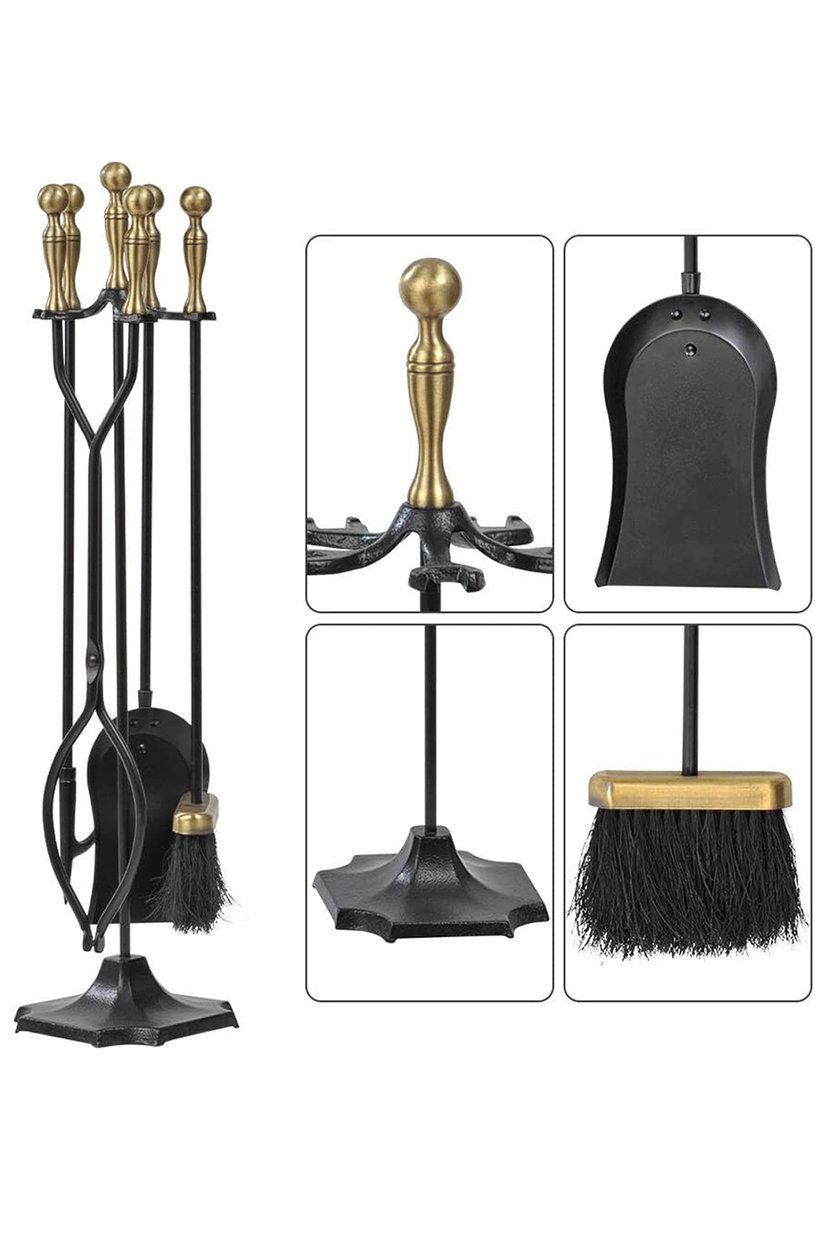 Dodok Home 5’li Lüks Gold Prinç Topuz Başlıklı Şömine & Soba Maşa Takımı DH-005G