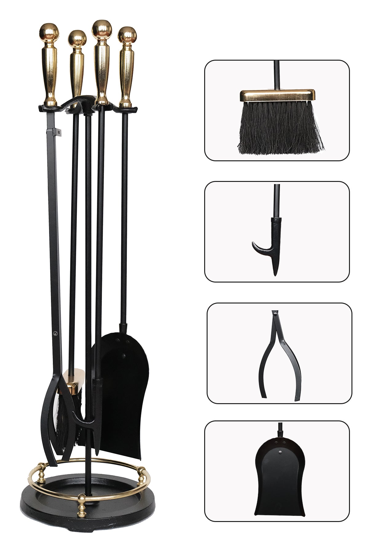 Dodok Home 5 Li Premium İthal Döküm Gold Başlıklı Yuvarlak Şömine-Soba Maşa Takımı Aksesuar Seti DH-SAY15