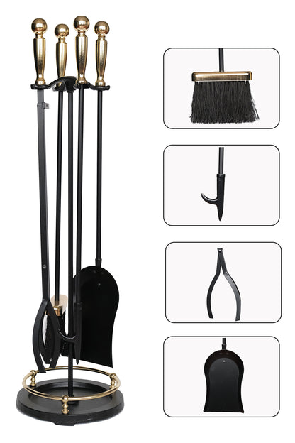 Dodok Home 5 Li Premium İthal Döküm Gold Başlıklı Yuvarlak Şömine-Soba Maşa Takımı Aksesuar Seti DH-SAY15