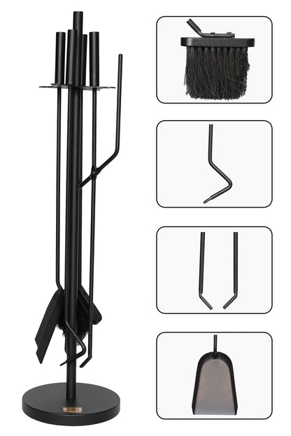 Dodok Home 5 Li Lüx Ithal Siyah Yuvarlak Tabanlı Şömine-Soba Maşa Takımı Aksesuar DH-SS045
