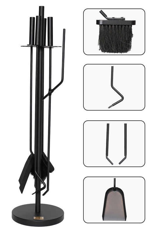 Dodok Home 5 Li Lüx Ithal Siyah Yuvarlak Tabanlı Şömine-Soba Maşa Takımı Aksesuar DH-SS045