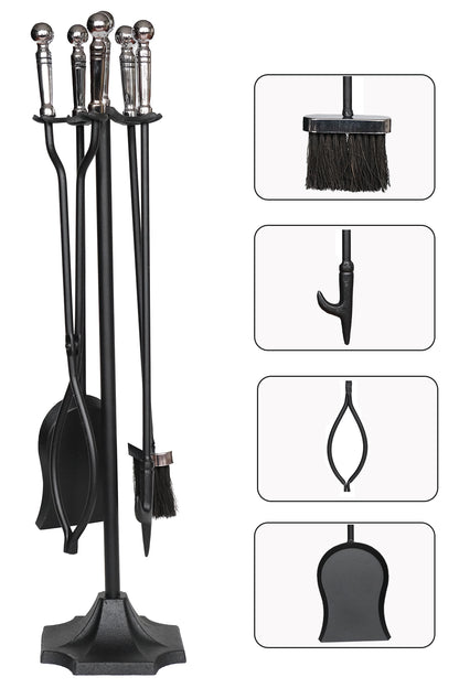 Dodok Home 5’li Lüks Siyah Topuz Başlıklı Şömine & Soba Maşa Takımı DH-005S