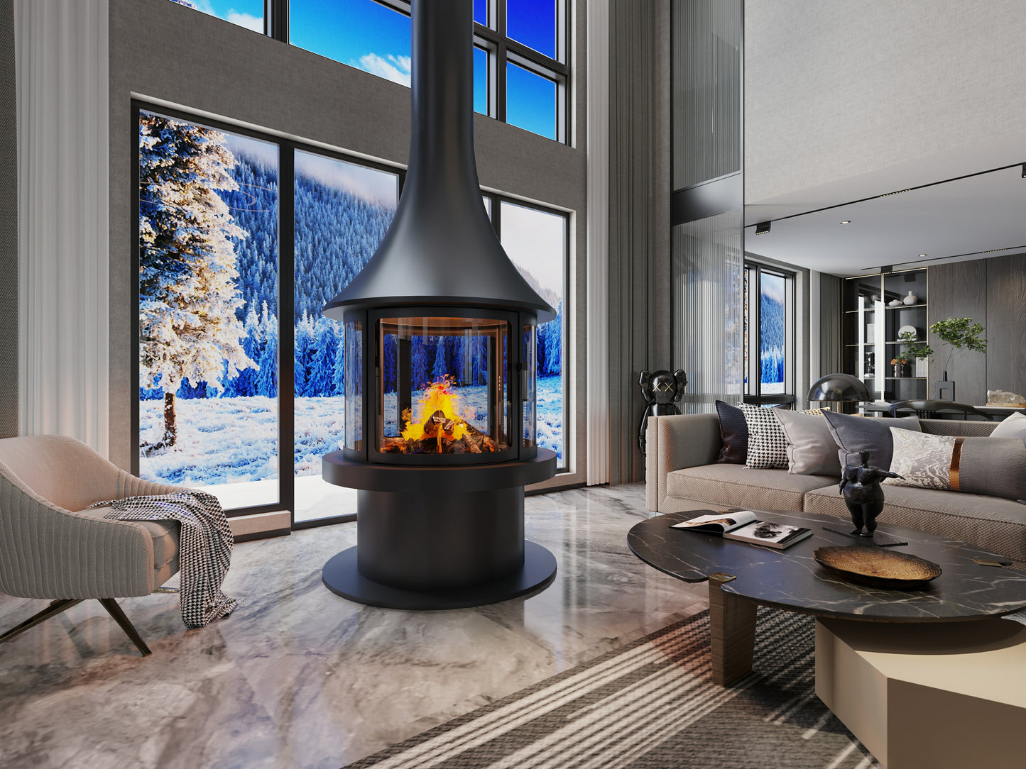 Yuvarlak Camlı Model Orta Şömine 90X90