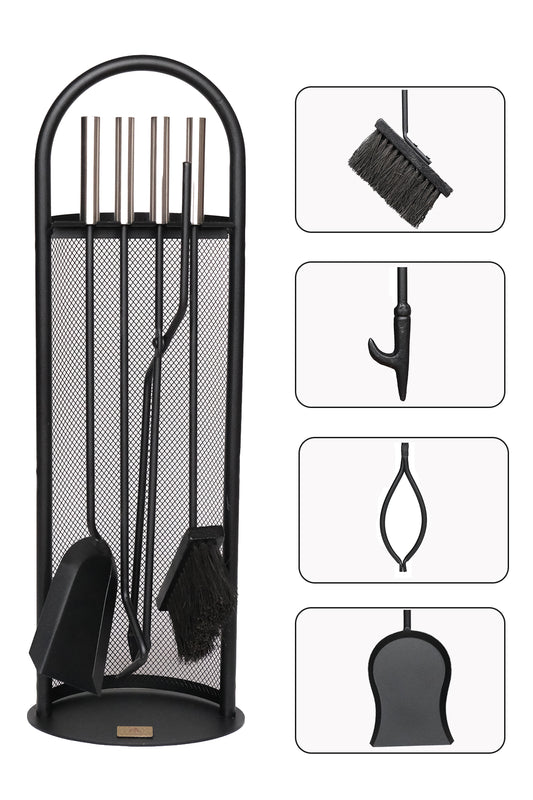 Dodok Home Gümüş Lüx Ithal Tel Standlı Şömine-Soba Maşa Takımı 5'Li Set DH-SS47