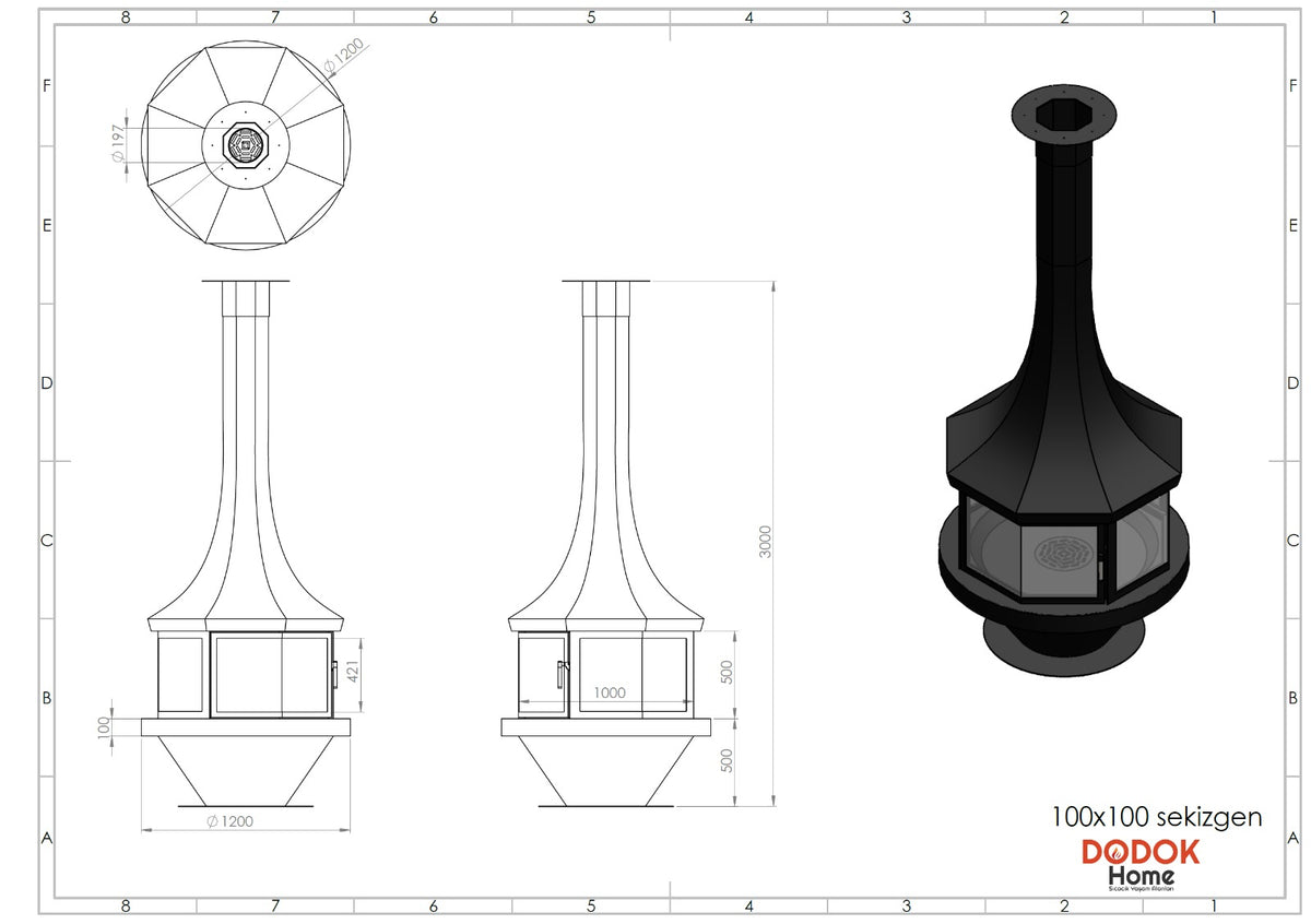Sekizgen Model Orta Şömine 100X100 | Dodok Home