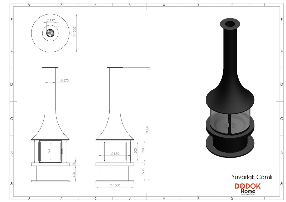 Yuvarlak Camlı Model Orta Şömine 90X90 | Dodok Home